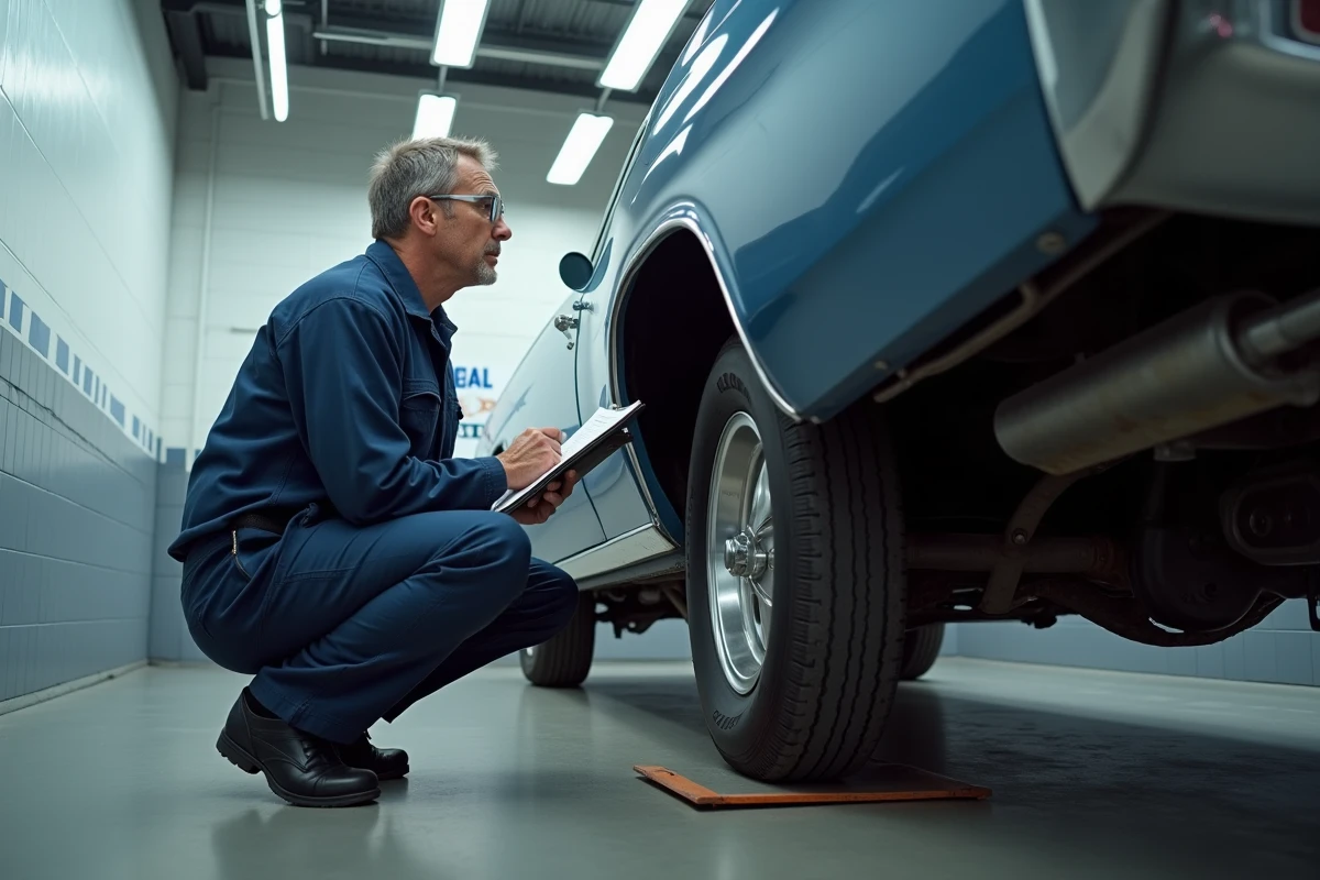 Mécanicien inspectant le châssis d'une Chevrolet Impala 1967 lors d'une procédure d'homologation dans un centre de contrôle français