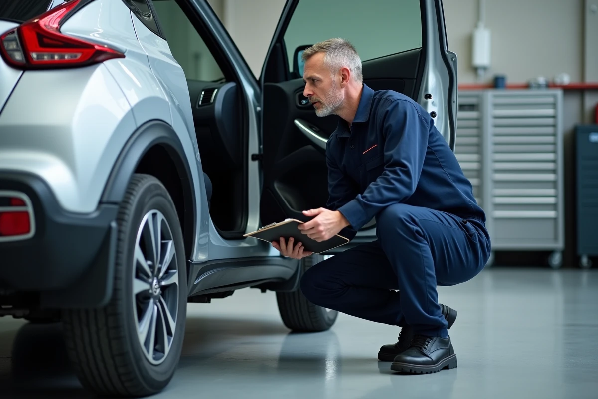 Mécanicien inspectant un Nissan Juke d'occasion dans un atelier lors d'un contrôle avant achat