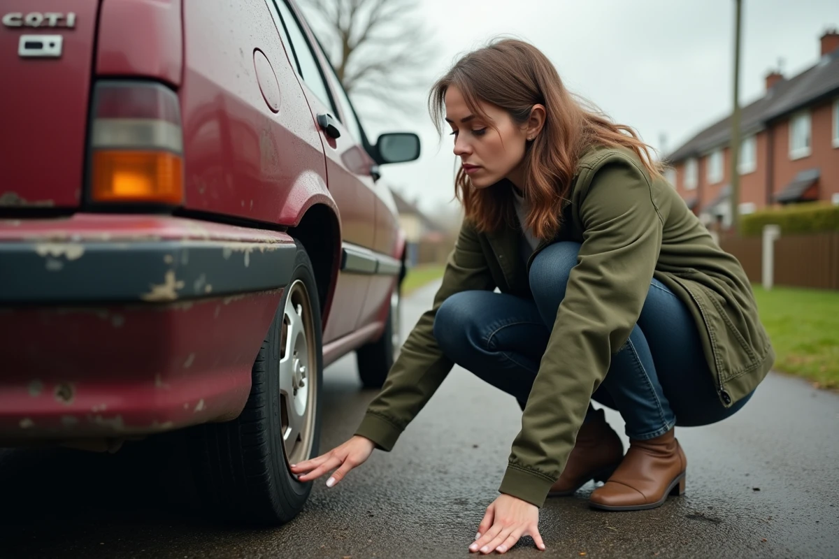 Acheteuse inspectant la rouille et les défauts de carrosserie d'une Peugeot 306 d'occasion lors d'une visite particulier à particulier