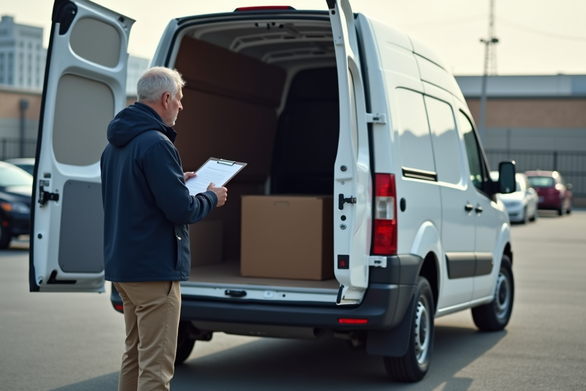 Homme inspectant l’intérieur d’une camionnette blanche