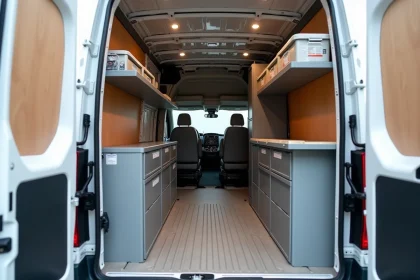 Intérieur aménagé d'un Renault Master avec étagères modulaires en acier et bacs de rangement organisés