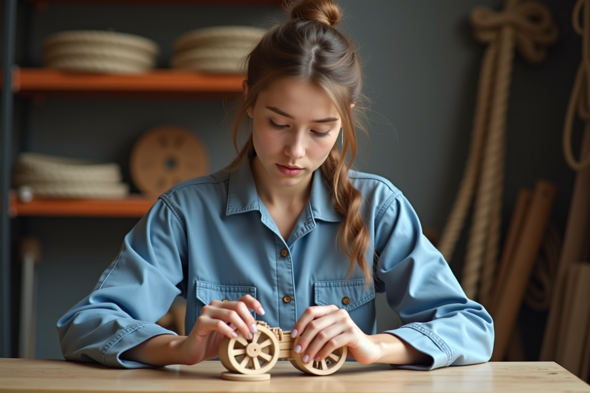Jeune femme en combinaison bleue assemble un modèle de roue en bois