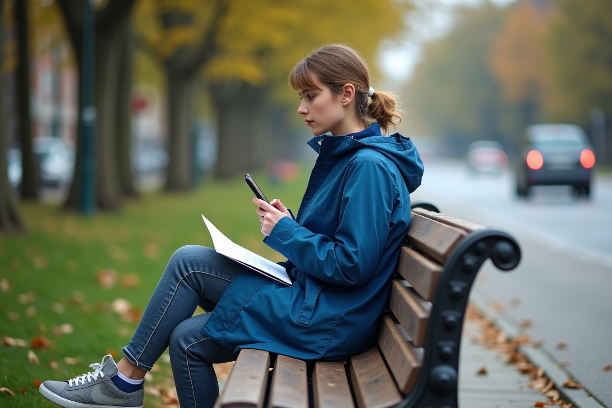 Jeune femme assise sur un banc dans un parc urbain