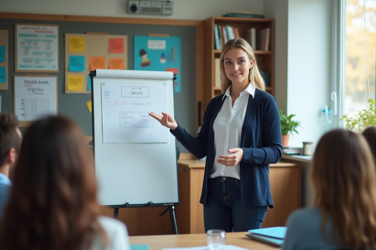 Jeune femme en présentation dans une salle moderne