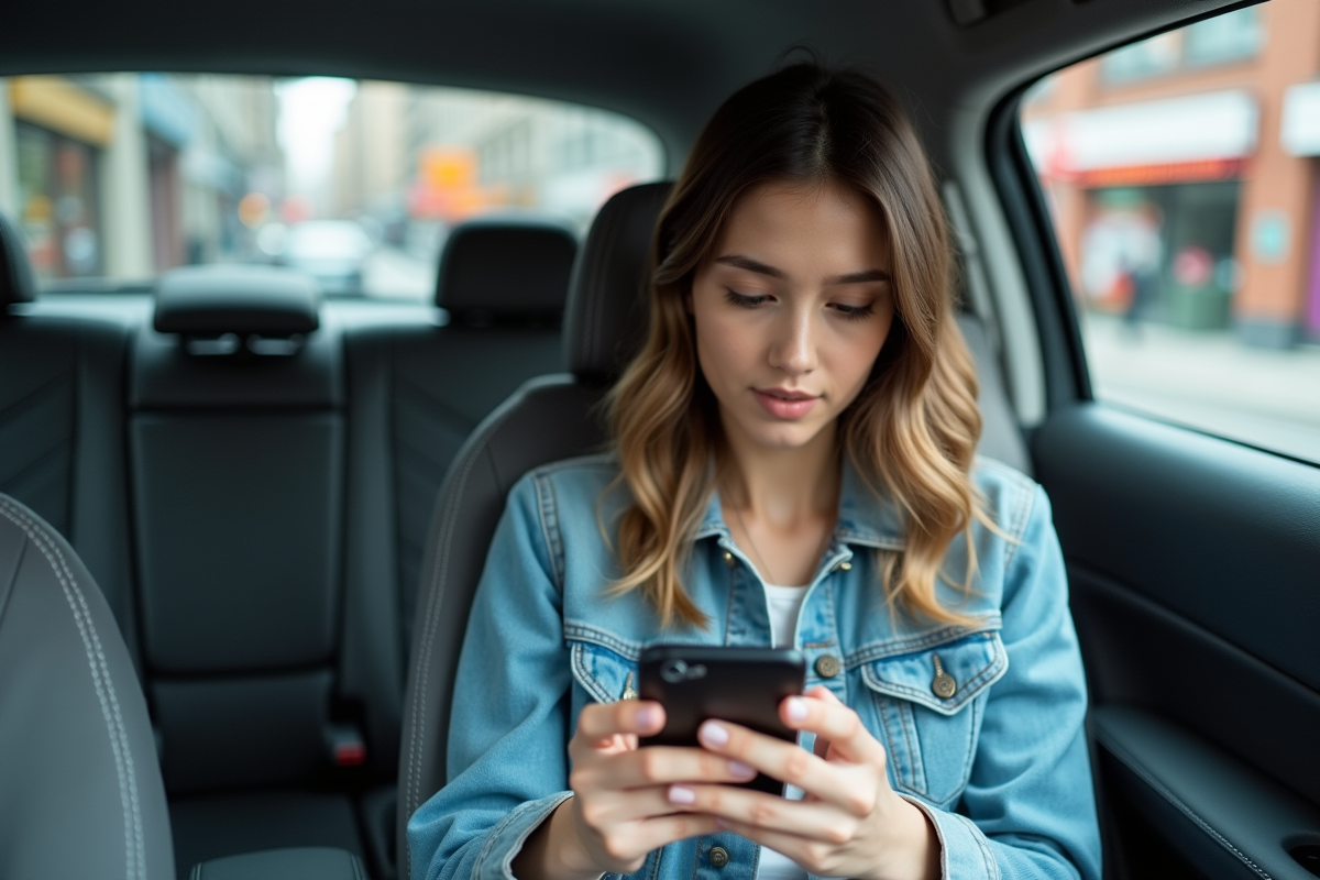 Jeune femme en denim dans voiture pour article sur la mobilité