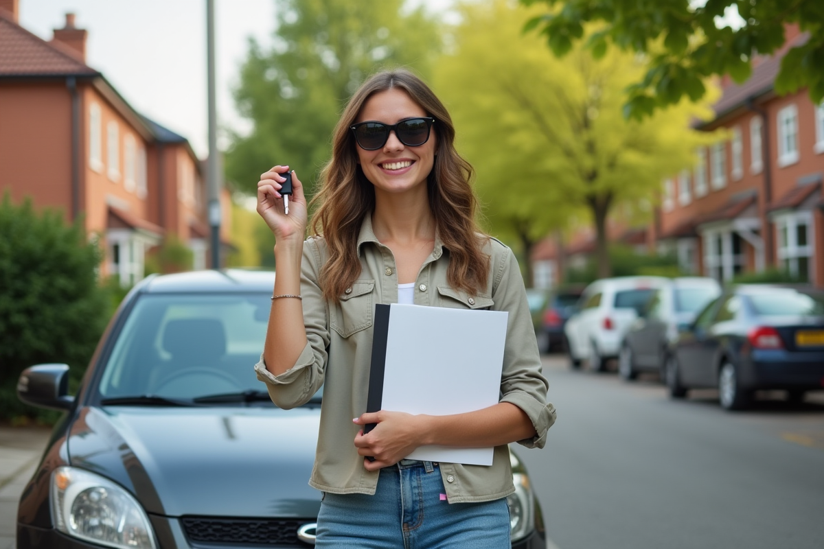 Jeune femme avec clés de voiture et sourire