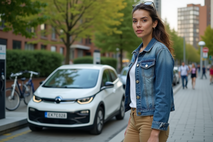 Jeune femme à côté d'une voiture électrique moderne