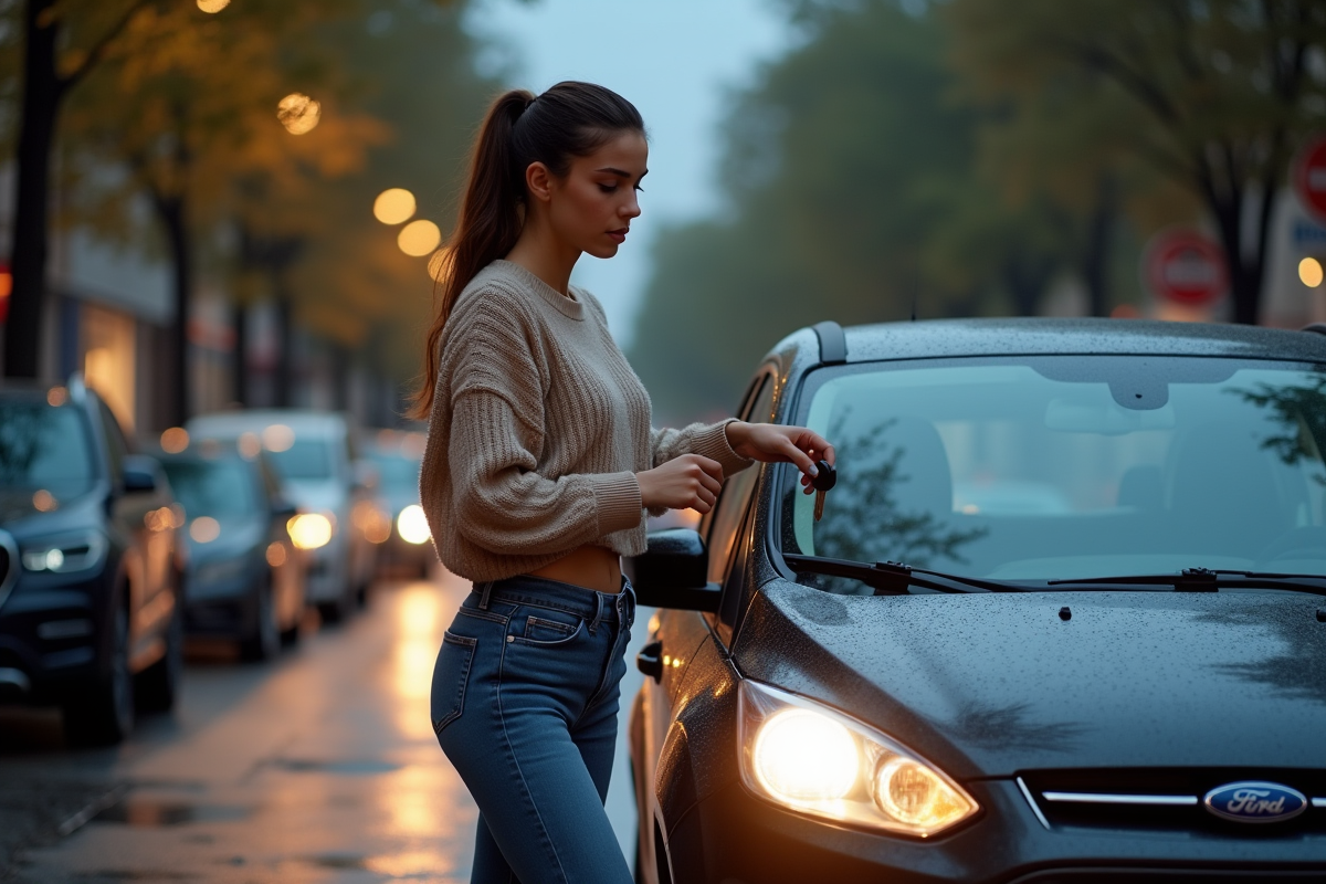 Jeune femme près de sa voiture en soirée pluvieuse