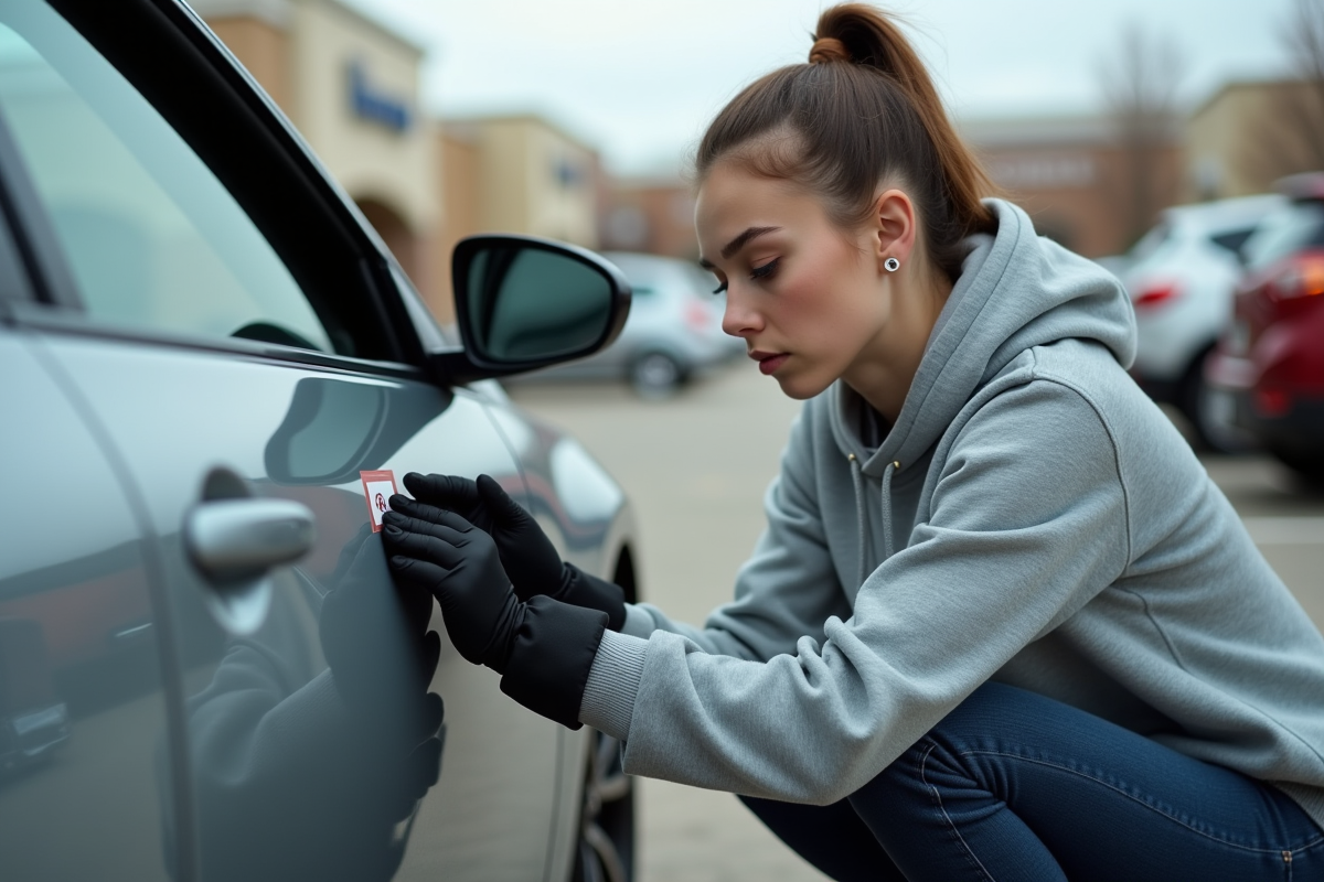 Jeune femme inspectant une voiture dans un parking de centre commercial