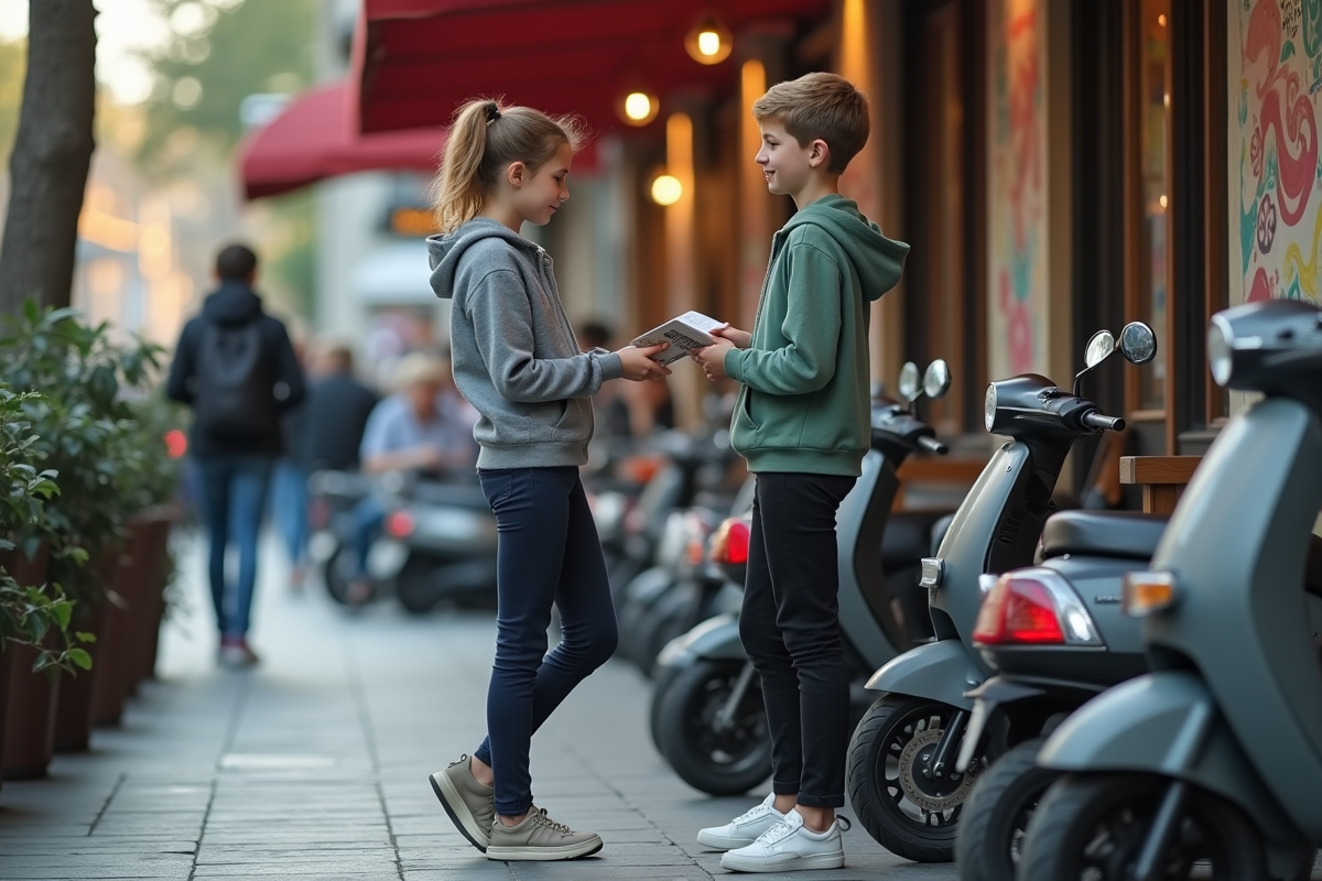 Fille étudie un livret à côté de son scooter en ville