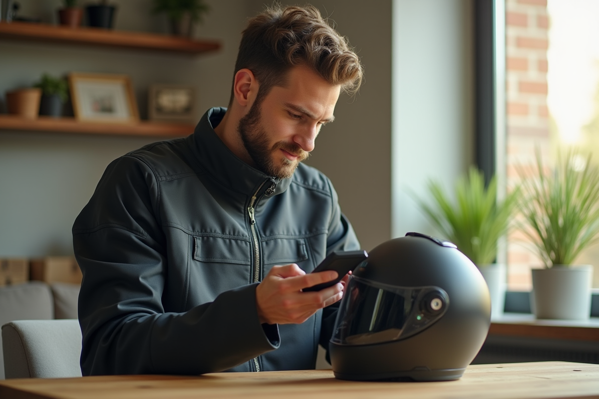 Jeune homme ajustant un intercom sur un casque moto en intérieur