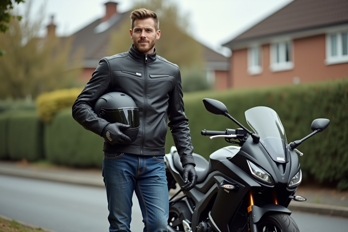 Jeune homme en moto avec casque et moto 125cc