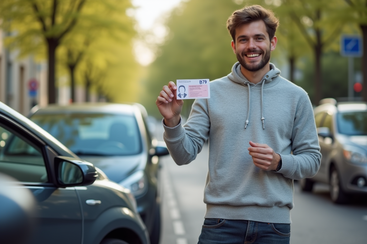 Jeune homme souriant avec permis B79 devant sa voiture
