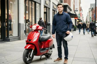 Jeune homme avec un scooter 50cc neuf rouge garé sur un trottoir urbain, casque blanc sous le bras