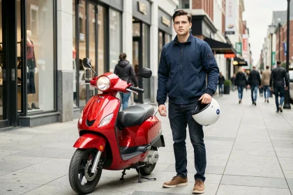Jeune homme avec un scooter 50cc neuf rouge garé sur un trottoir urbain, casque blanc sous le bras