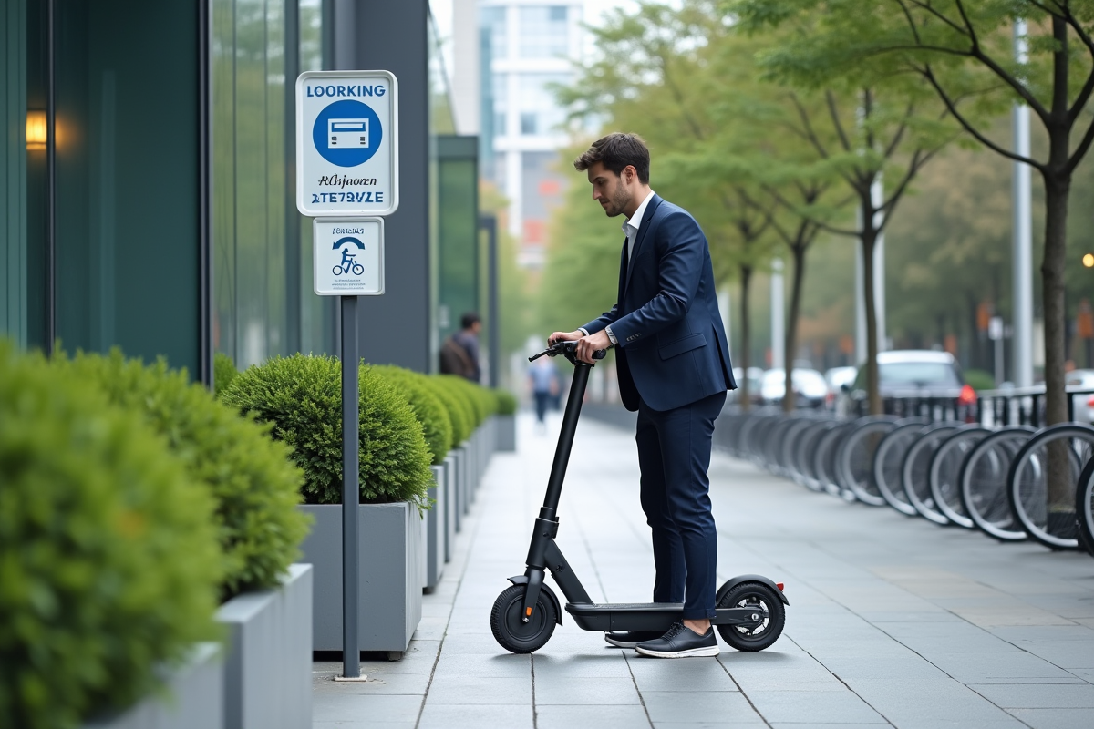 Jeune homme en ville stationne son scooter électrique