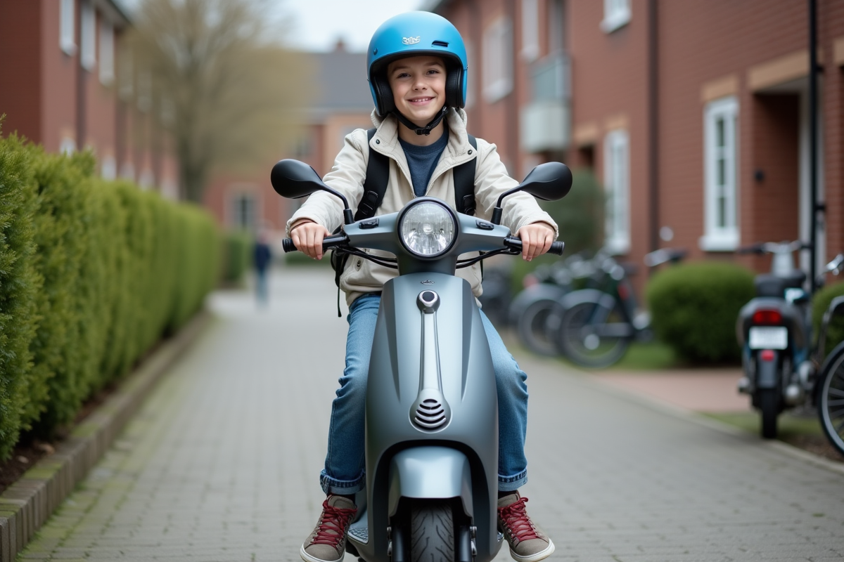 Adolescent en casque bleu sur scooter en environnement résidentiel