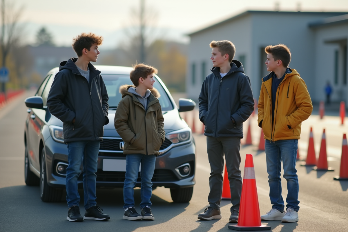 Groupes de jeunes lors d une demonstration de securite routiere