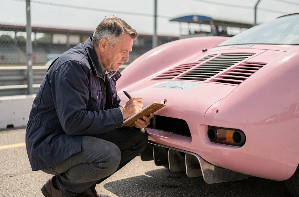 Journaliste automobile examinant une Porsche 917 restaurée dans un paddock de circuit, culture auto 2026