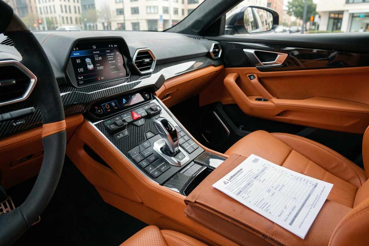 Intérieur d'une Lamborghini Urus avec des documents fiscaux et le malus sur le siège passager, illustrant la réglementation TVS et les coûts d'immatriculation