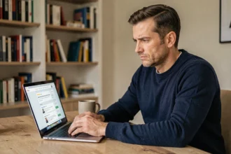 Homme lisant des avis clients en ligne sur un ordinateur portable dans un bureau à domicile, expression analytique et sceptique