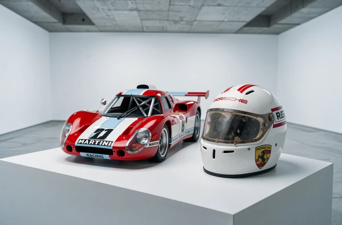 Maquette détaillée Porsche 917 Martini Racing et casque vintage exposés dans un studio de design automobile moderne