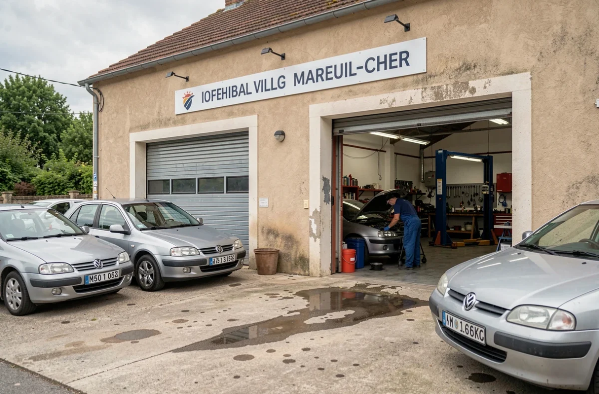 Extérieur du garage multimarques Mareuil Automobiles à Mareuil-sur-Cher, avec des véhicules d'occasion exposés sur le parvis et un mécanicien au travail dans l'atelier