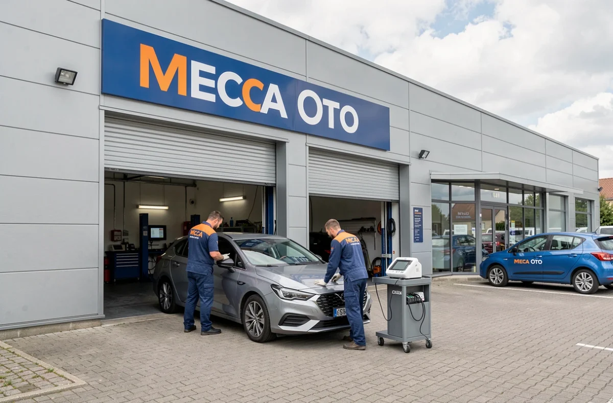 Façade moderne du garage Meca Oto à Blois avec deux mécaniciens en uniforme de marque effectuant un contrôle technique sur un véhicule récent devant les baies de service ouvertes