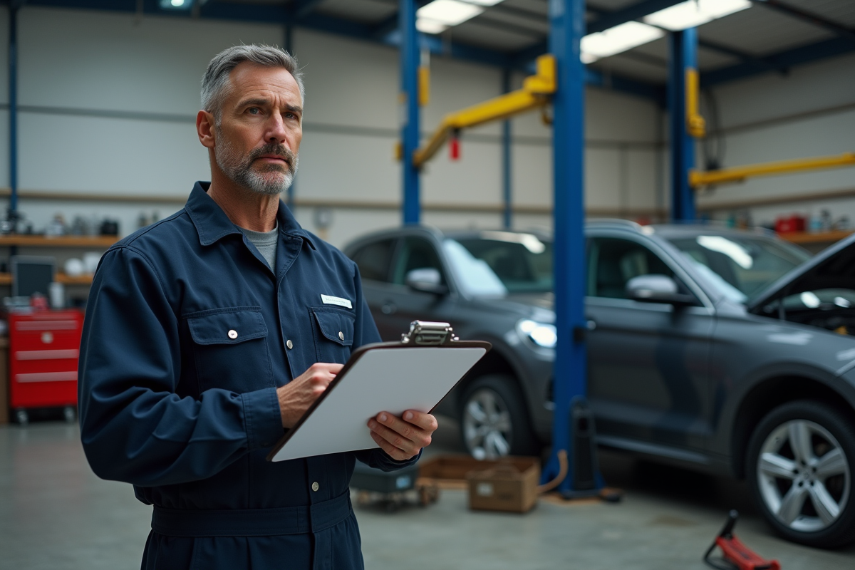 Mécanicien homme en overalls près d’un banc diagnostic