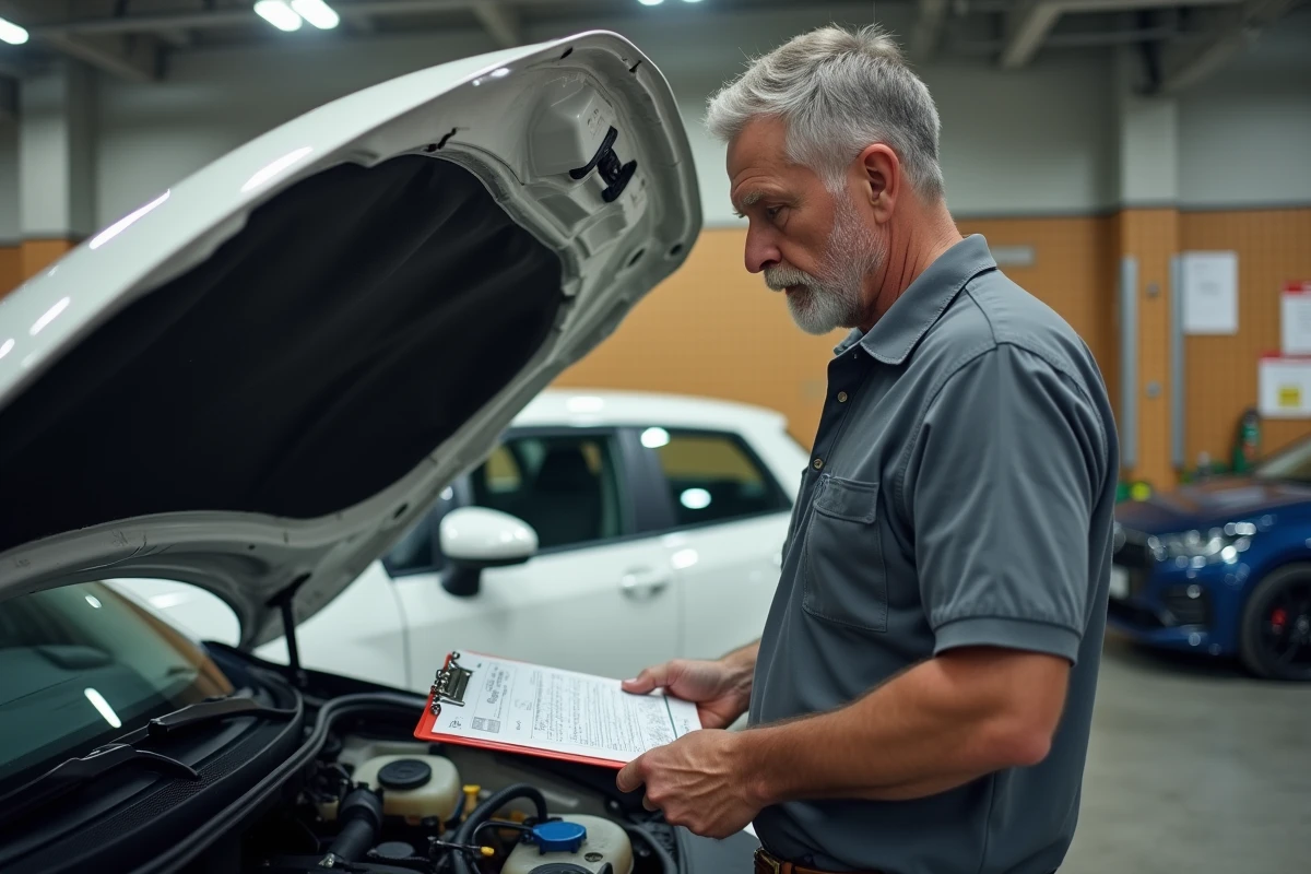 Mécanicien vérifiant le moteur d'un véhicule à l'aide d'une liste de contrôle PDF dans un garage professionnel