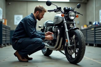 Mécanicien professionnel inspectant une moto dans un garage de contrôle technique officiel
