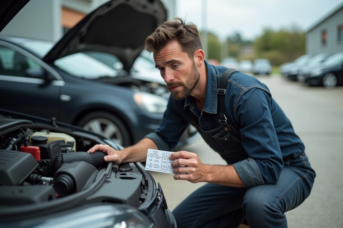 Mécanicien comparant une fiche de conversion CV en kW avec le badge moteur d'une voiture dans un parking