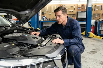Mécanicien professionnel inspectant le compartiment moteur d'une BMW dans un garage automobile après une vidange d'huile