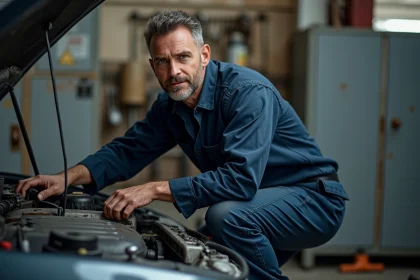 Mécanicien automobile inspectant un moteur dans un garage, compatibilité carburants modernes E10 et B7