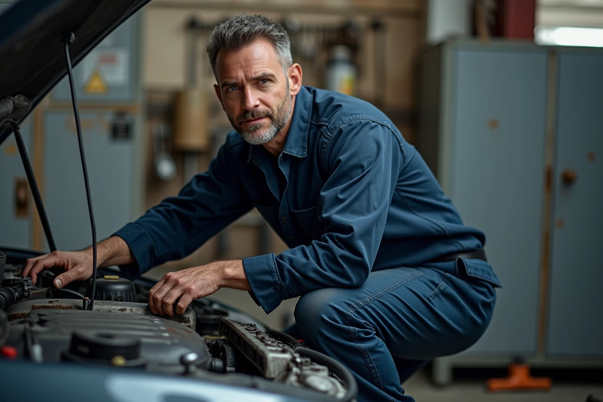 Mécanicien automobile inspectant un moteur dans un garage, compatibilité carburants modernes E10 et B7