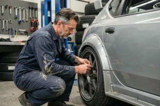 Mécanicien inspectant les extensions d'ailes d'une voiture de rallye dans un atelier automobile professionnel
