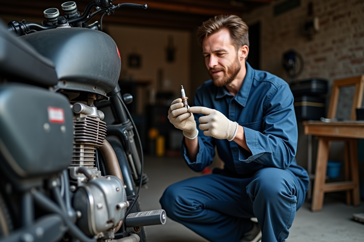 Jeune mecanicien examine une bougie d'allumage déconnectée