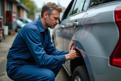 M&eacute;canicien inspectant une voiture endommag&eacute;e en atelier