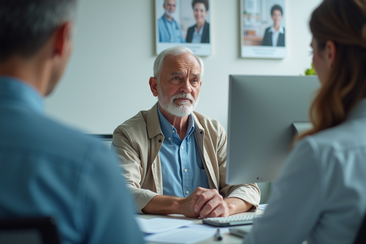 Homme senior en discussion avec un medecin dans un cabinet moderne
