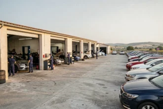Vue panoramique d'un quartier de garages automobiles dans le Tarn-et-Garonne avec mécaniciens et véhicules variés