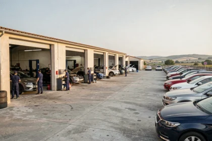 Vue panoramique d'un quartier de garages automobiles dans le Tarn-et-Garonne avec mécaniciens et véhicules variés