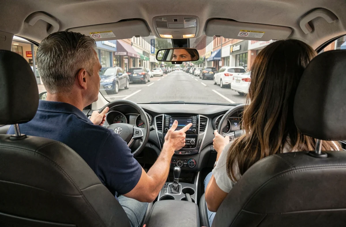 Moniteur d'auto-école et élève conductrice adulte lors d'une séance de remise à niveau de conduite en ville