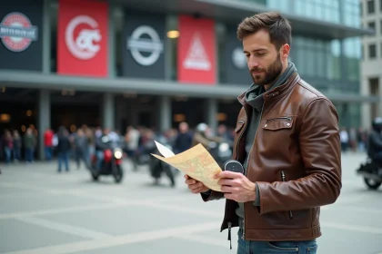 Motard consultant un plan budgétaire devant l'entrée du salon de la moto de Milan 2026