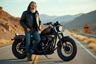 Homme en cuir noir et moto custom sur route