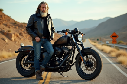 Homme en cuir noir et moto custom sur route