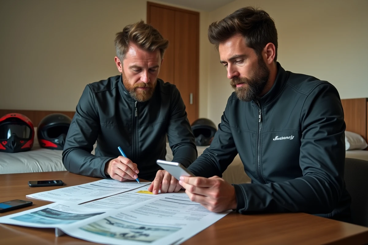 Deux motards comparant les coûts et budgets pour le salon de la moto de Milan dans une chambre d'hôtel
