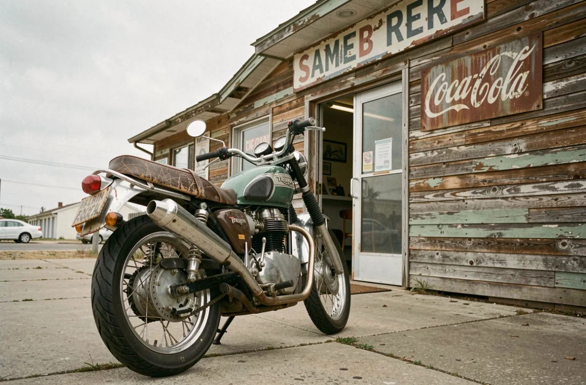 Moto Triumph vintage des années 60 devant un diner américain délabré, scène évoquant la culture de la route et la controverse autour de Bob Dylan