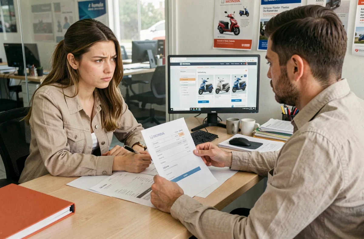 Cliente négociant le prix réel d'un scooter Honda 125 avec un conseiller commercial en concession