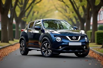 Nissan Juke d'occasion en bleu foncé garé dans une rue résidentielle entourée d'arbres en automne