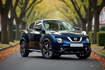 Nissan Juke d'occasion en bleu foncé garé dans une rue résidentielle entourée d'arbres en automne